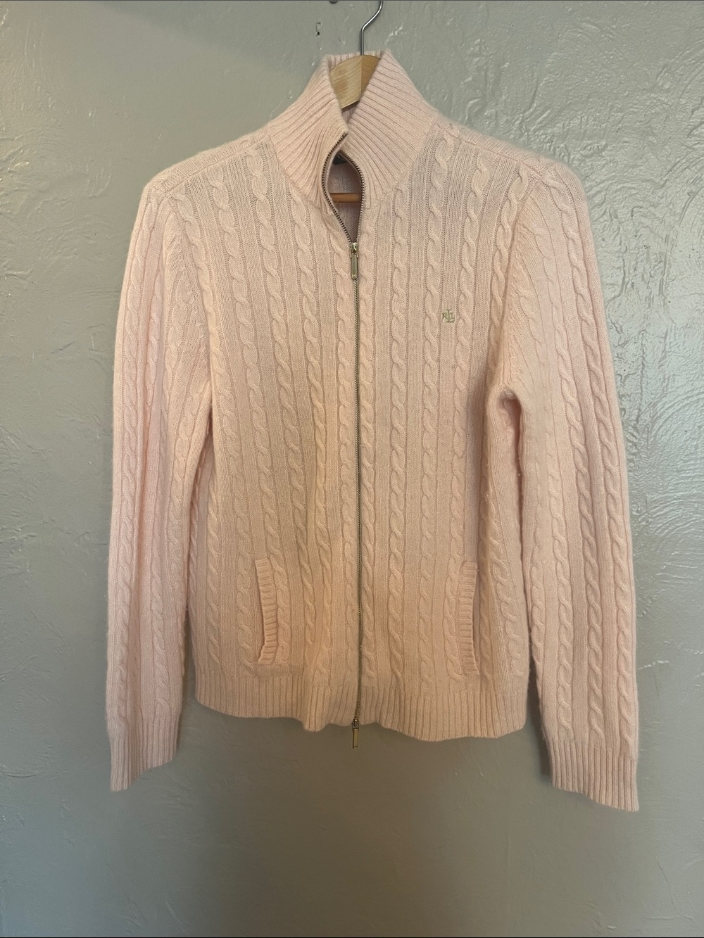 Lauren Ralph Lauren 100% Cashmere Cable Knit Light Pink Zip-Up Sweater Jacket XL